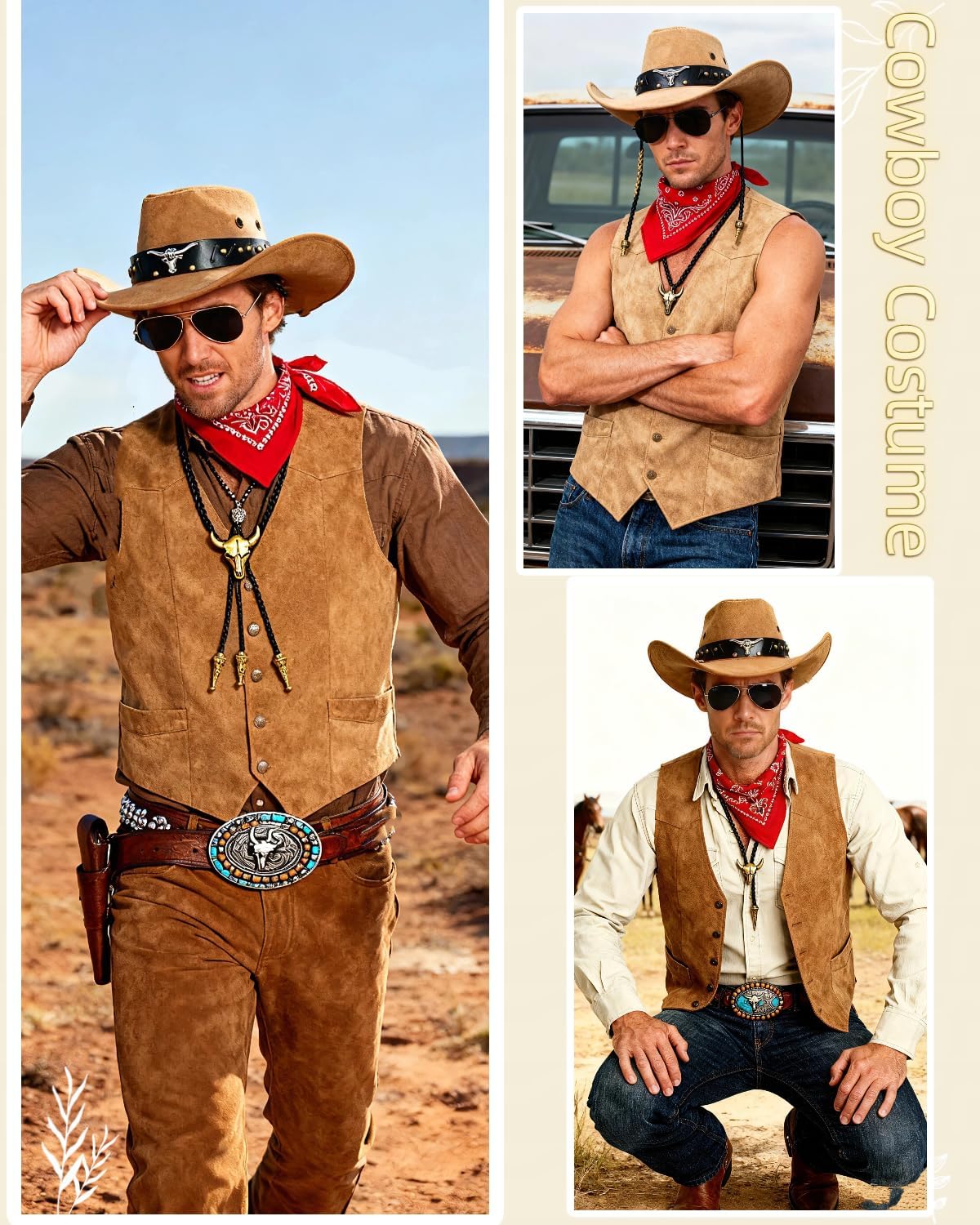 7pcs Cowboy Costume Outfit for Men Western Cowboy Clothes Vest Accessories for Cowboy Party - Image 3
