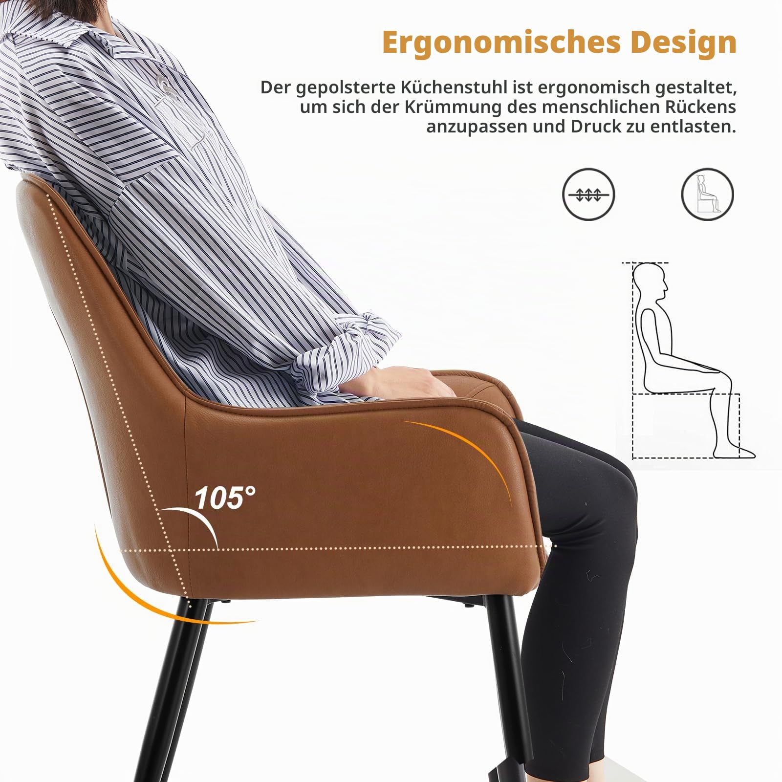 CLIPOP Esszimmerstühle 2er Set mit Armlehne aus Kunstleder Braun, Armlehnenstuhl Polsterstuhl Stühle Esszimmer Küchenstuhl mit Metallbeine und Rückenlehne für Wohnzimmer Esszimmer