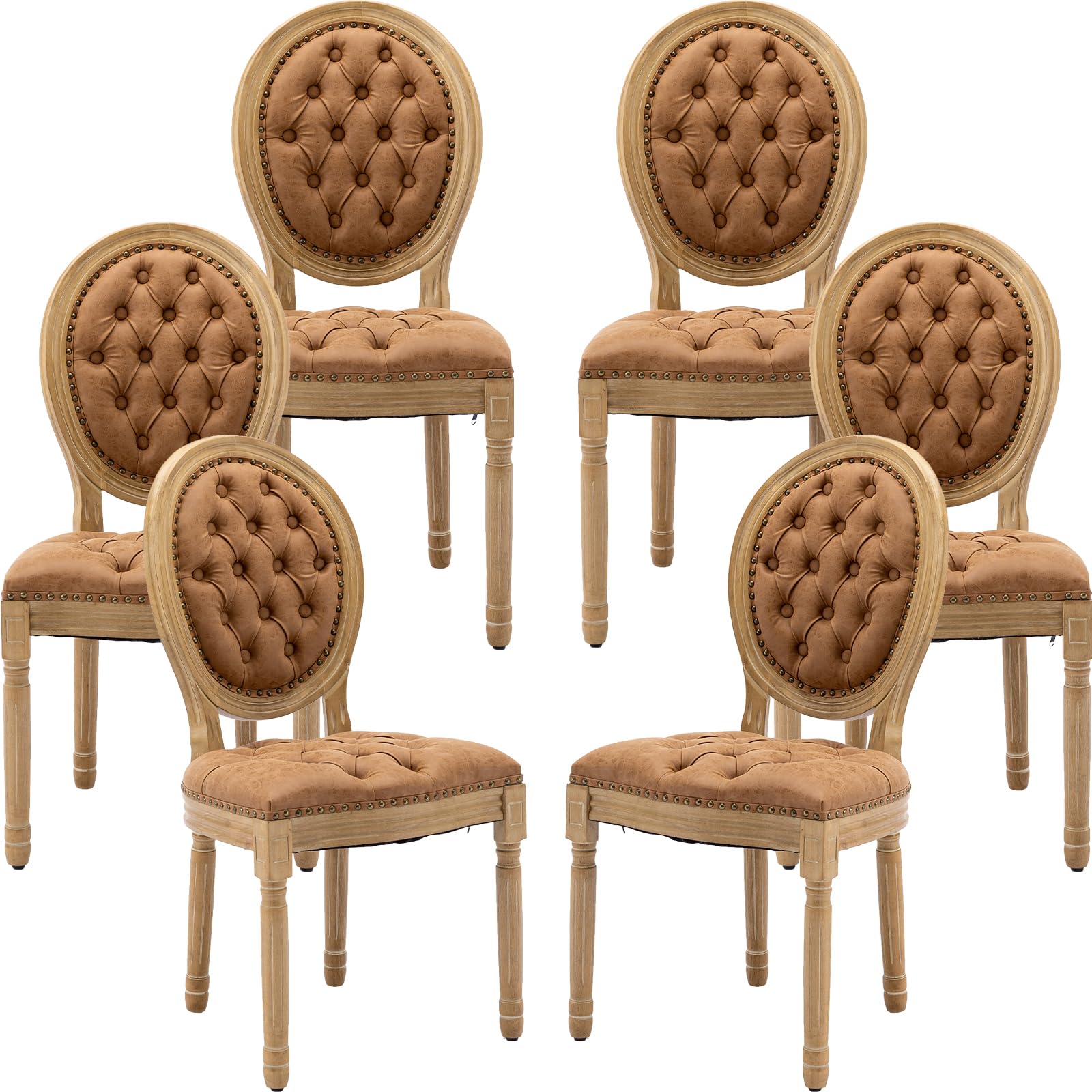 ODUSE-DAILY French Country Dining Chairs Set, Caramel Kitchen & Dining Room Chairs, Faux Leather, Tufted Upholstered, Wood Legs, Sillas De Comedor (PU