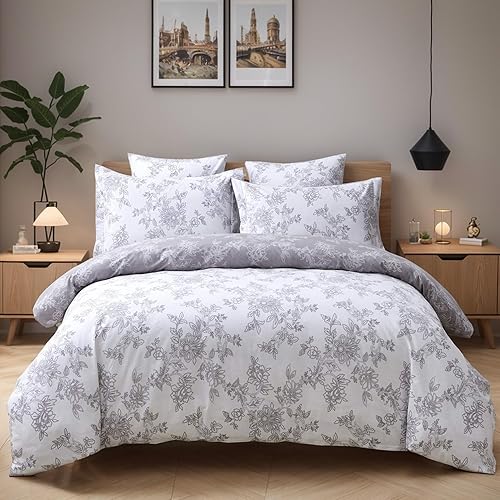 Miniatura 1 de FADFAY Juego de funda de edredón reversible, tamaño individual XL, vintage, floral, 100% algodón, ultra suave, gris y blanco, con cierre de