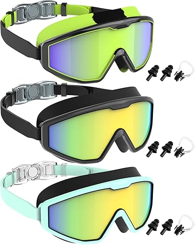 NSSIW Gafas de natación para niños, antiniebla, sin fugas, con clip para la nariz, tapones para los oídos para niñas, niños y jóvenes, 6-14, paquete