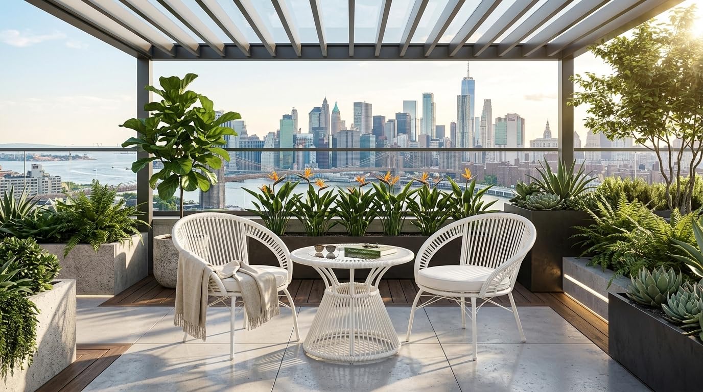 Grand Living Outdoor Balcony Coffee Table & Chair Set – 1 Table + 2 Cushioned Chairs, Braided Rope & Powder-Coated Steel, UV & Weather Resistant Garden Patio Seating (White & Beige)-image-29
