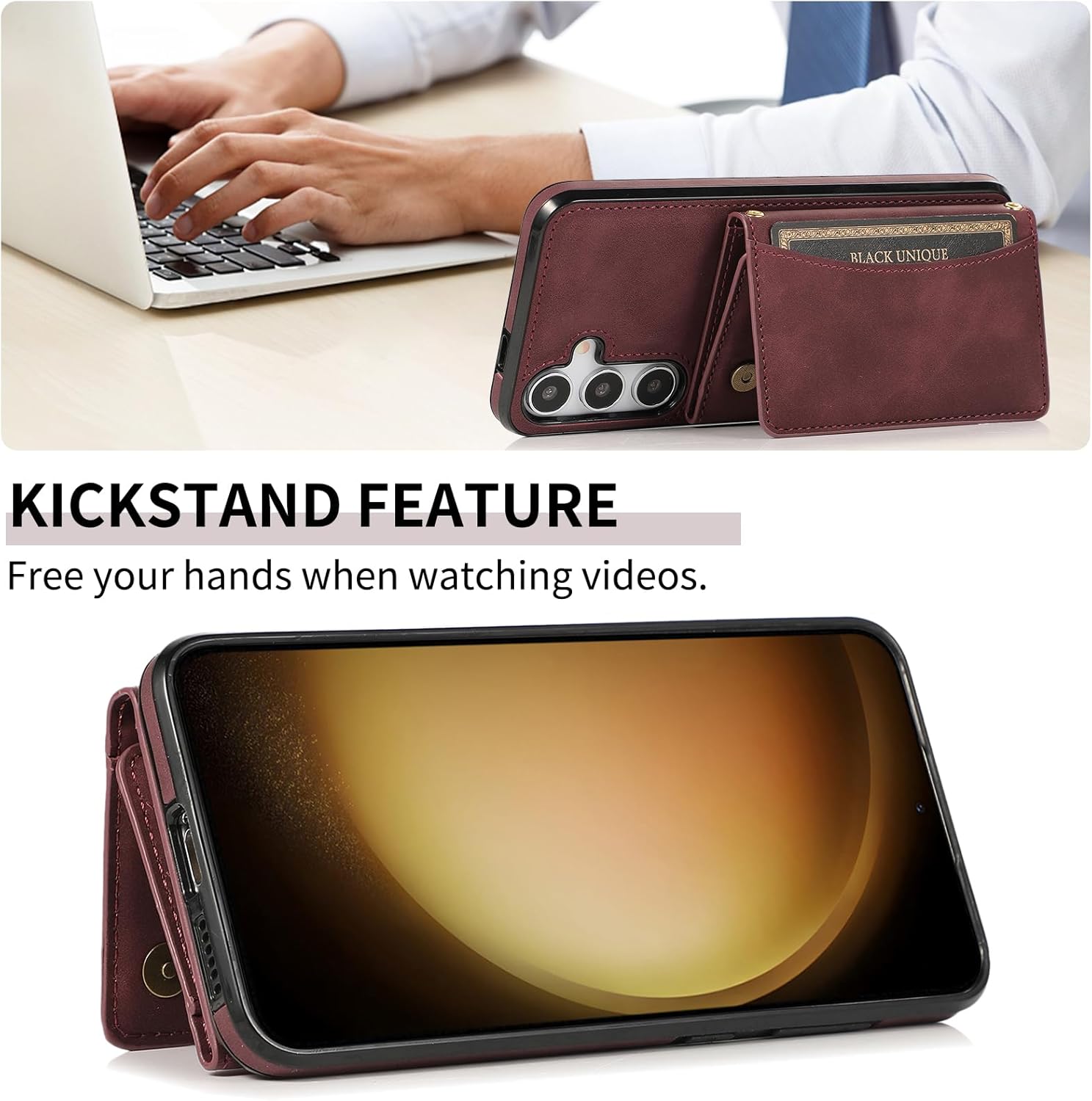 Asuwish Phone Case for Samsung Galaxy S24 Plus S24+ 5G Wallet Cover with Tempered Glass Screen Protector and PU Leather Credit Card Holder Stand Cell Accessories S24plus 24S + S 24 24+ Women Wine Red - Image 5