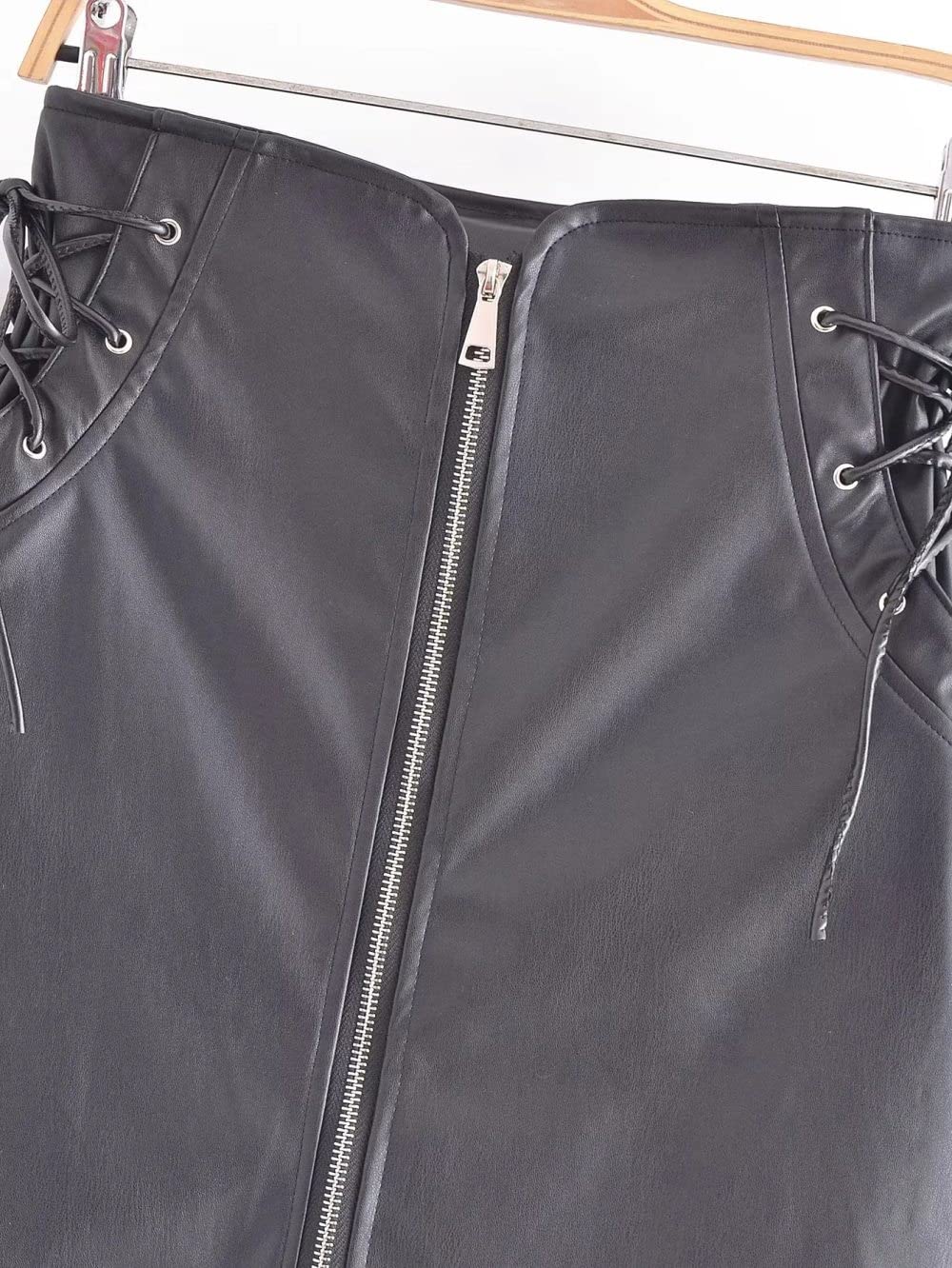 Röcke Damen,Damen-Minirock Schwarz High Waist Kordelzug Pu Hüftumwickelter Lederrock Mit Reißverschluss Schlanker A-Linie Einfarbiger Lässiger Kurzer Rock Für Mädchen Damen,S