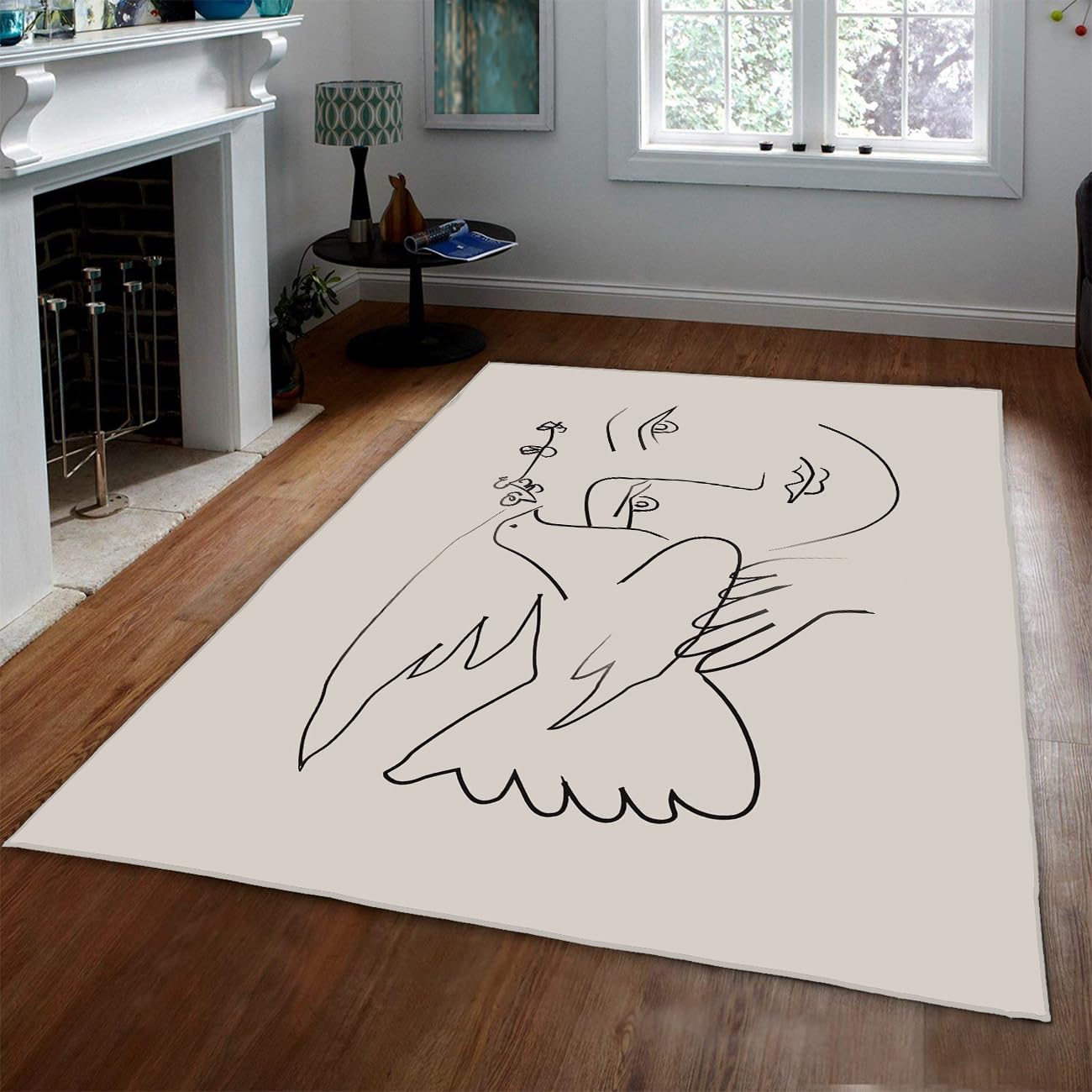 Tapis de salon grande colombe noir et blanc 160x200cm antidérapant et moelleux
