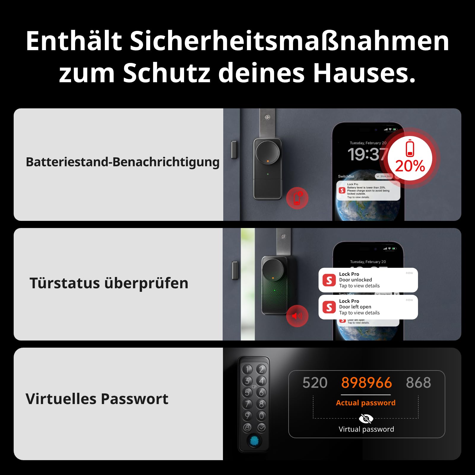 SwitchBot WLAN Smart Lock Pro mit Touchscreen-Tastatur, Türriegelschlösser, Smartes Türschloss, Elektronisches Türschloss, Türöffner per App, Fingerprint, Code, Alexa, Google, unterstützt Matter