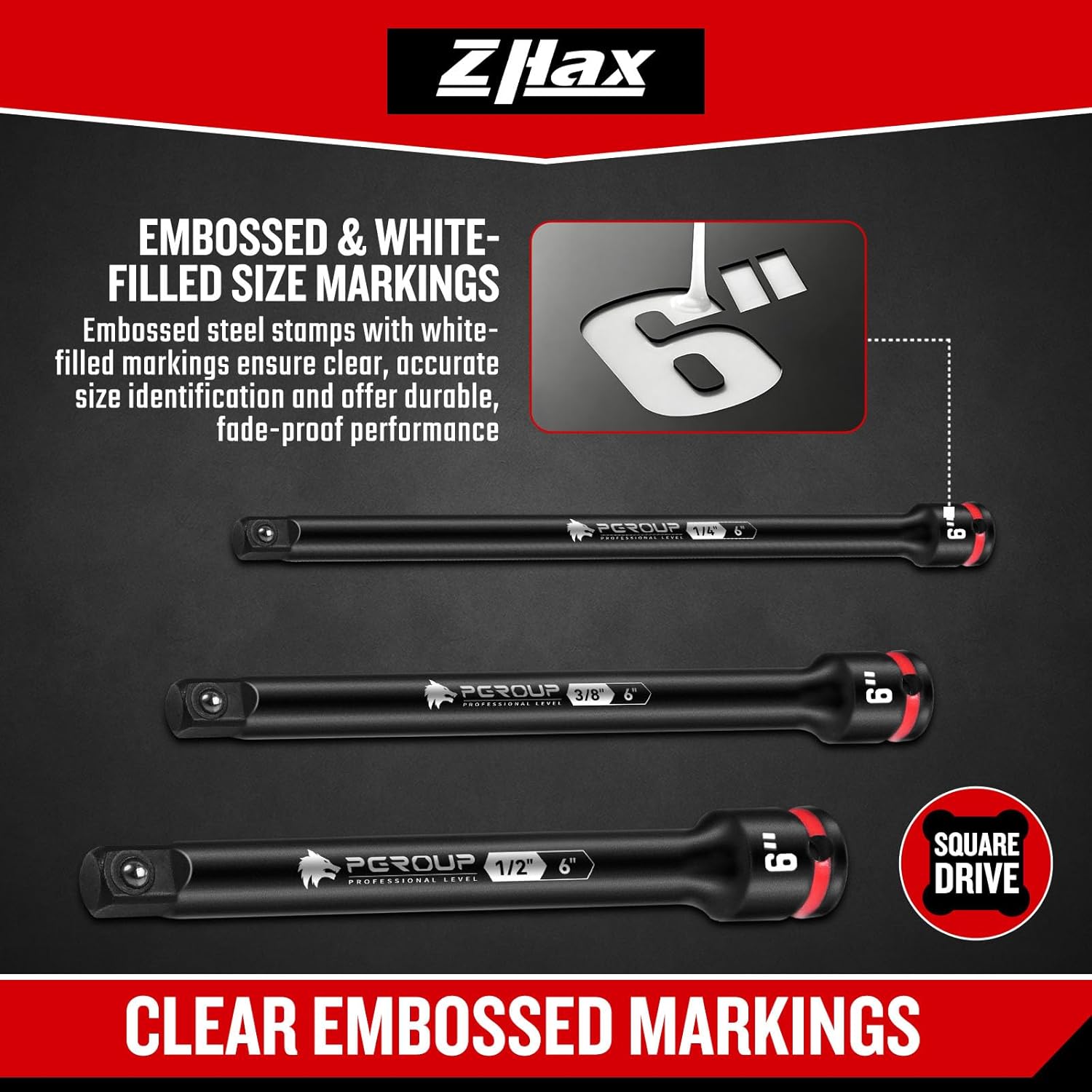 ZAHX 9 Pieces Impact Extension Bar Set, 1/4", 3/8" and 1/2" Drive Socket Extension, Embossed Size Marking, CR-MO Steel for Auto Repair