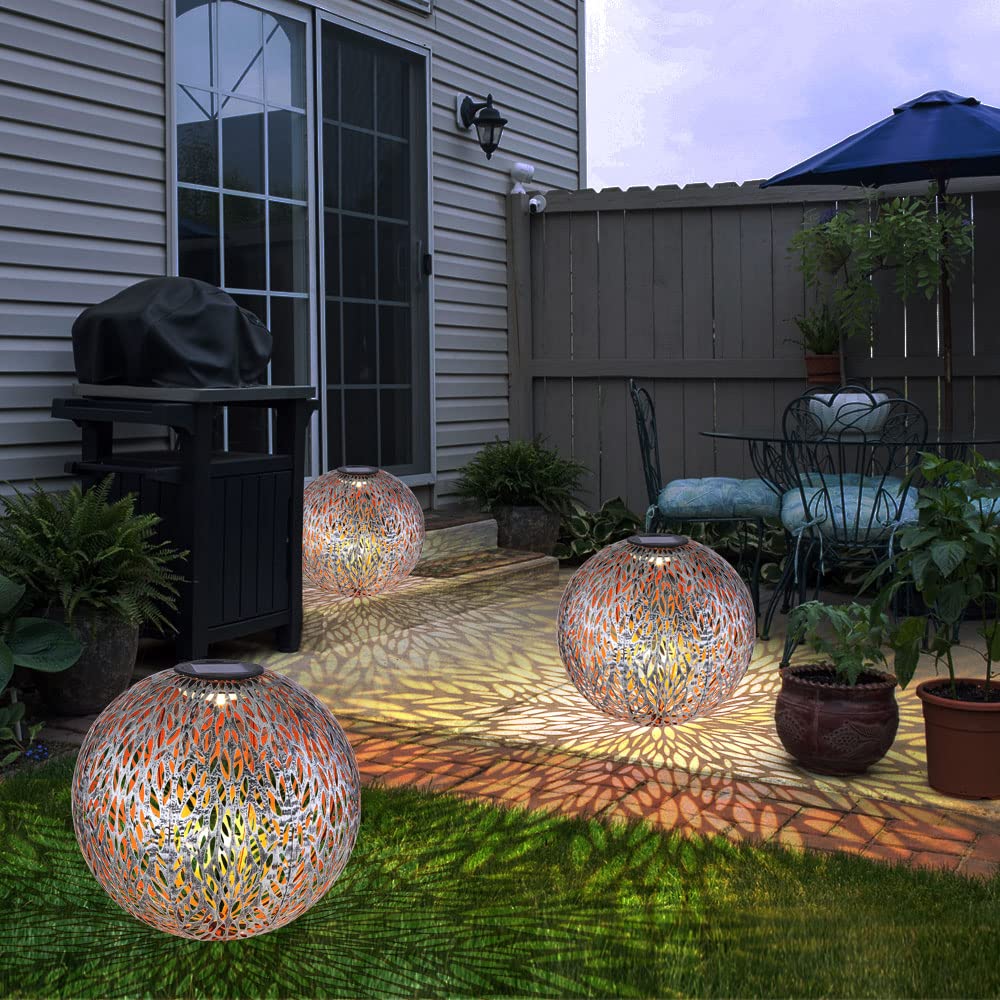 Solar Kugelleuchte Außen Solarkugelleuchte Garten, Dekor Stanzungen, antik-silber gold, LED AKKU, DxH 27 x 38 cm, 2er Set