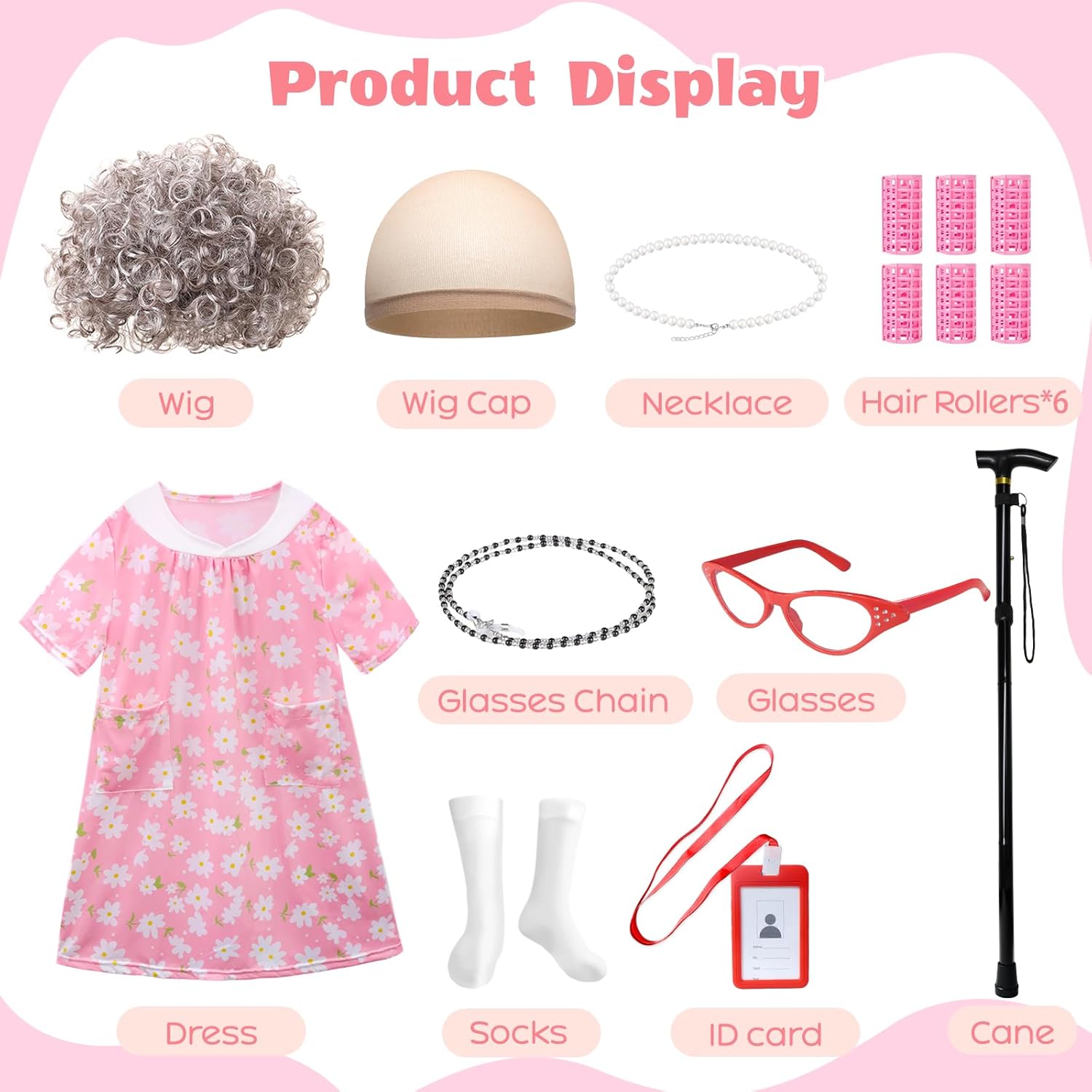 Old Lady Costume for Kids with Wig and Accessories Grandma Outfit 100 Days of School Costume for Girls - Image 3