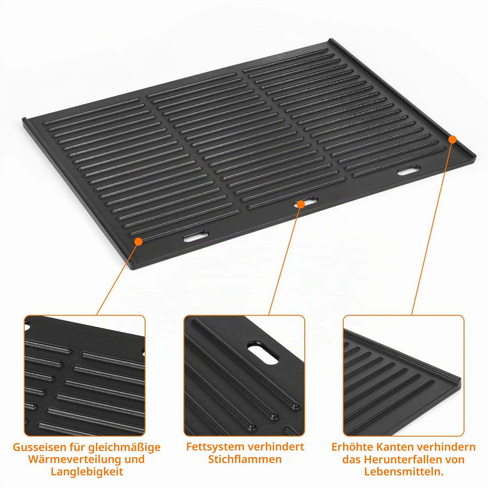 Onlyfire Gusseisen Grillplatte 45,5 x 35cm, Wendeplatte, Universal Grillplatten für Gasgrill, Holzkohlegrill & Elektrogrill, Beidseitig Verwendbar, Rechteck