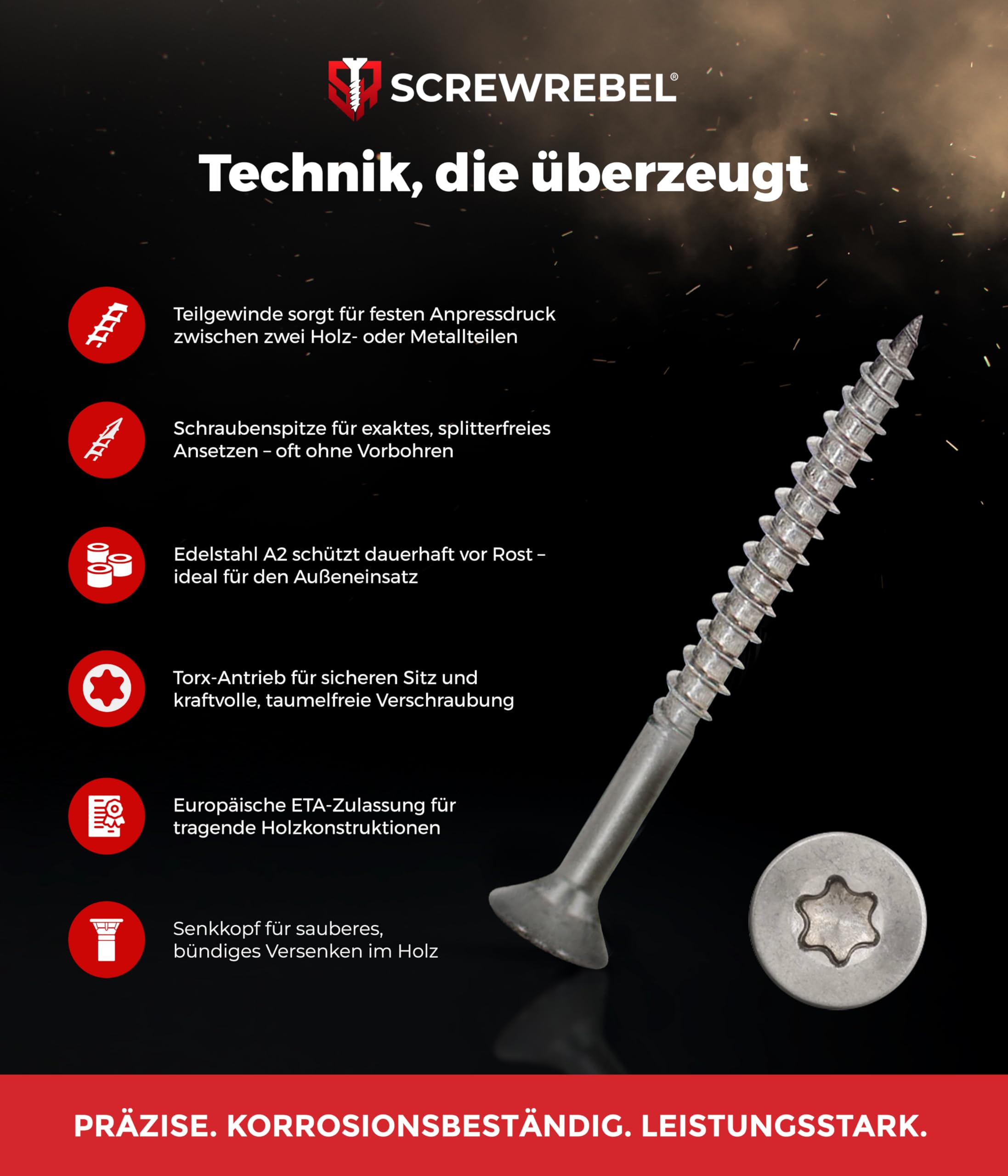 SCREW REBEL® Spanplattenschrauben 6x150 mm [25 Stück] – Edelstahl A2 rostfrei mit Teilgewinde & Senkkopf – TX25 Antrieb – Holzschrauben mit ETA-Zulassung