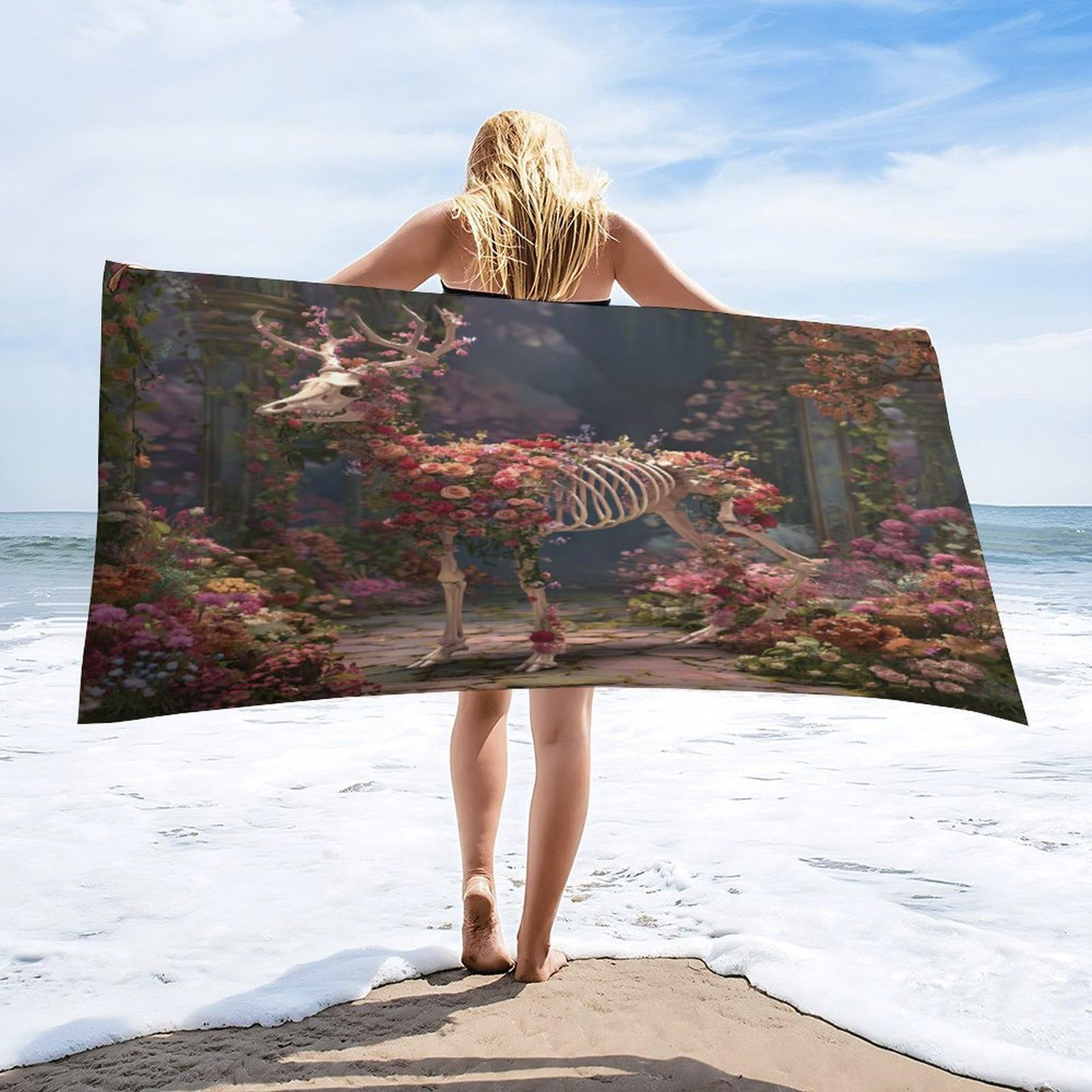 Luyysky Retro Realistic Deer Skull Absorbent Beach Towel, Vintage Fantasy Spring Garden Pink Roses Flowers Animal Elk Skeleton Outdoor Single-Sided Velvet Beach Towel-80 W Cm X 160" L Cm
