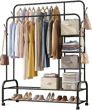 Heavy Duty Clothes Rack - Double Rod Clothing Rack with 4 Tier Storage Shelves, Rolling Clothes Rack & Clothes Rack with Lockable Wheels for Bedroom, Laundry, Closet & Shop