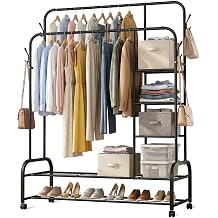Heavy Duty Clothes Rack - Double Rod Clothing Rack with 4 Tier Storage Shelves, Rolling Clothes Rack & Clothes Rack with Lockable Wheels for Bedroom, Laundry, Closet & Shop