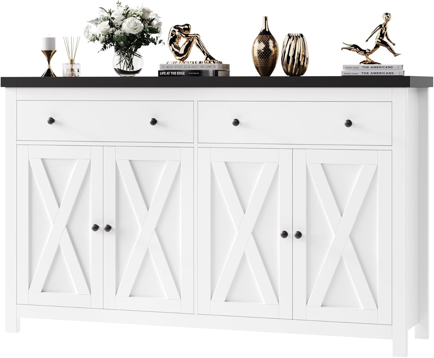 55" Farmhouse Buffet Cabinet - Kitchen Storage Sideboard With 2 Drawers & 4 Doors (Black)