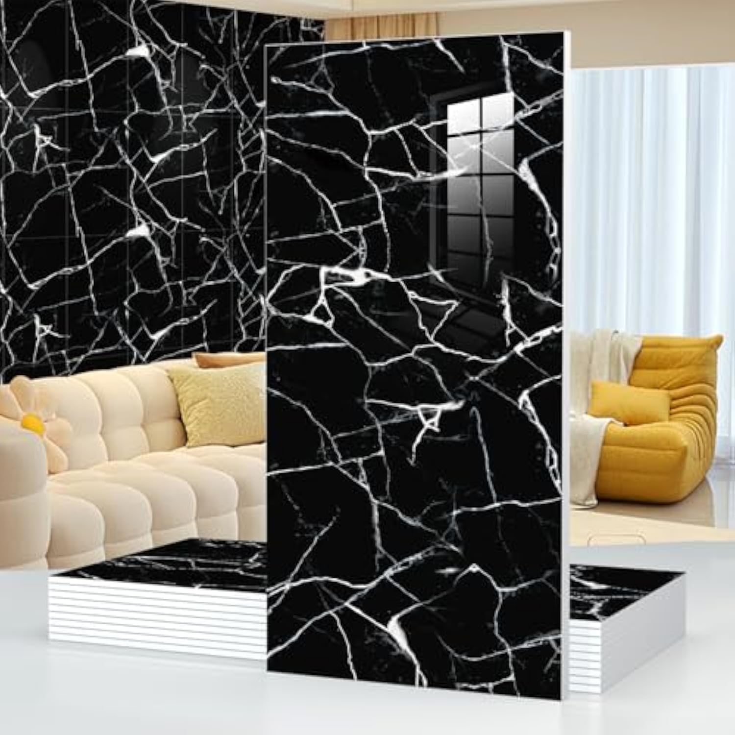 THE WHITE SHOP 32pcs Marble Peel and Stick Waterproof Wall Panels,Heat-Resistant Backsplash Tile, Foam Wall Sticker for Kitchen,Living Rooms, Bedrooms TV Walls, Black