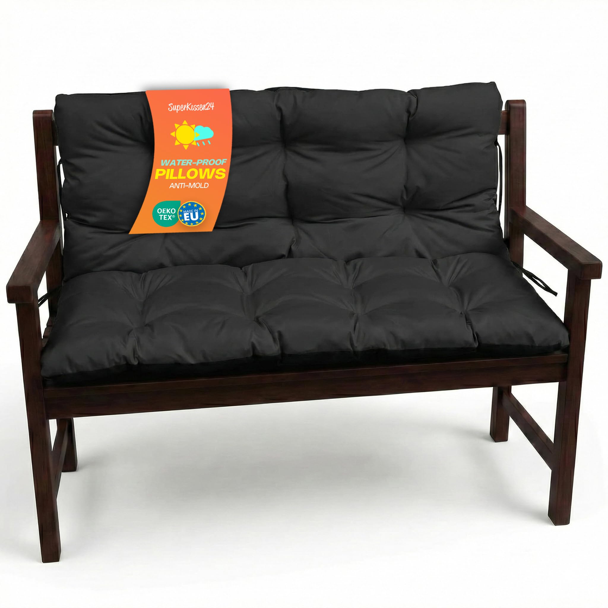 SuperKissen24. Coussin Dossier pour Banc de Jardin Canapé - 120x50 cm et Appui 120x60 - Intérieur/Extérieur - imperméable - Noir