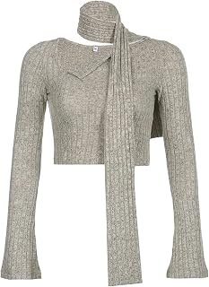 AYAZER Simple and Elegant Solid Color Pit Scarf, Buttoned Short top, Irregular Design, Slim Long-Sleeved Sweater