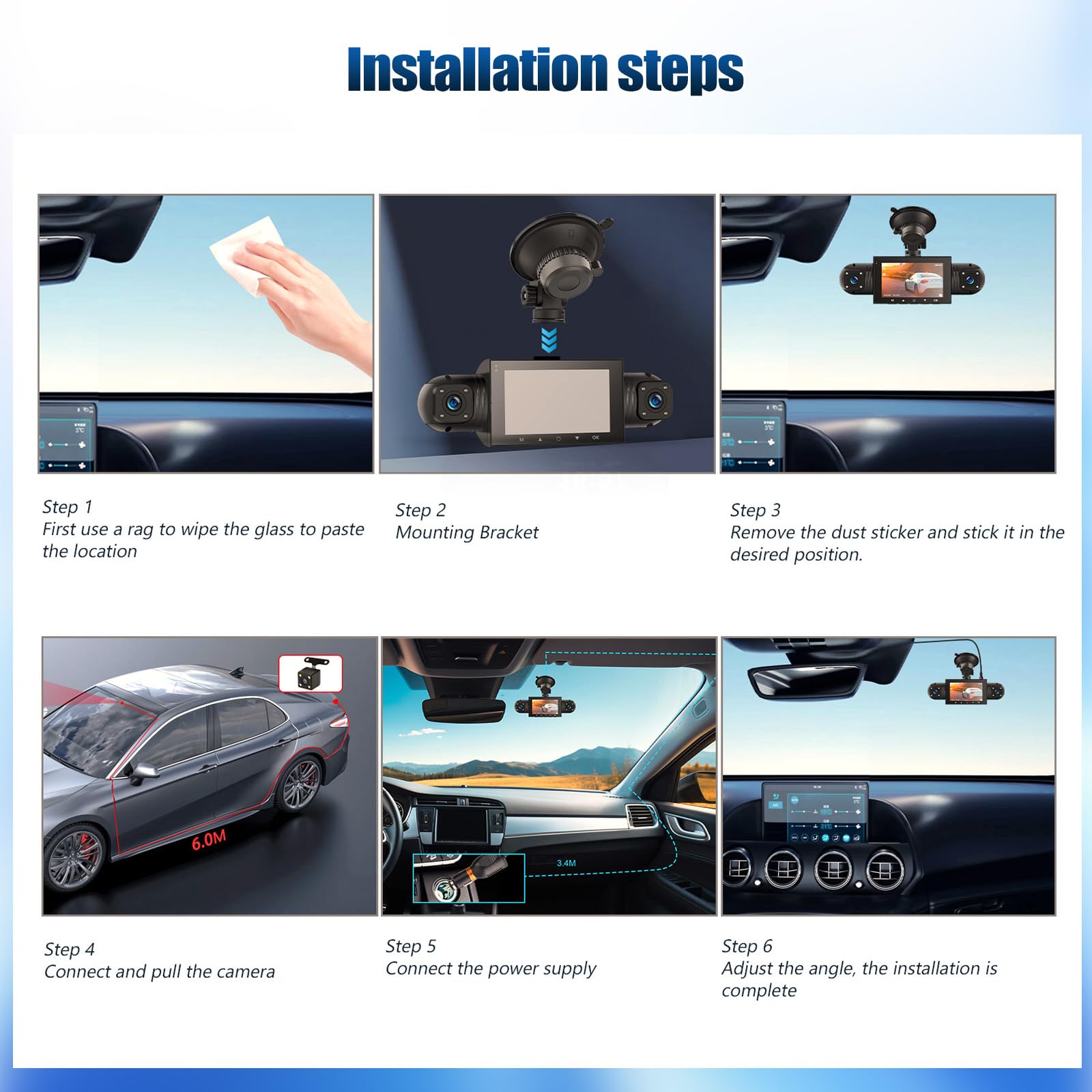 SIXTOP Dashcam Voiture 360 Degrés 4 Canaux, 1080P Caméra Embarquée Avant Intérieure Arrière avec Écran IPS 3 Pouces, Support Vision Nocturne/Surveillance 24H/Capteur G/Enregistrement Boucle