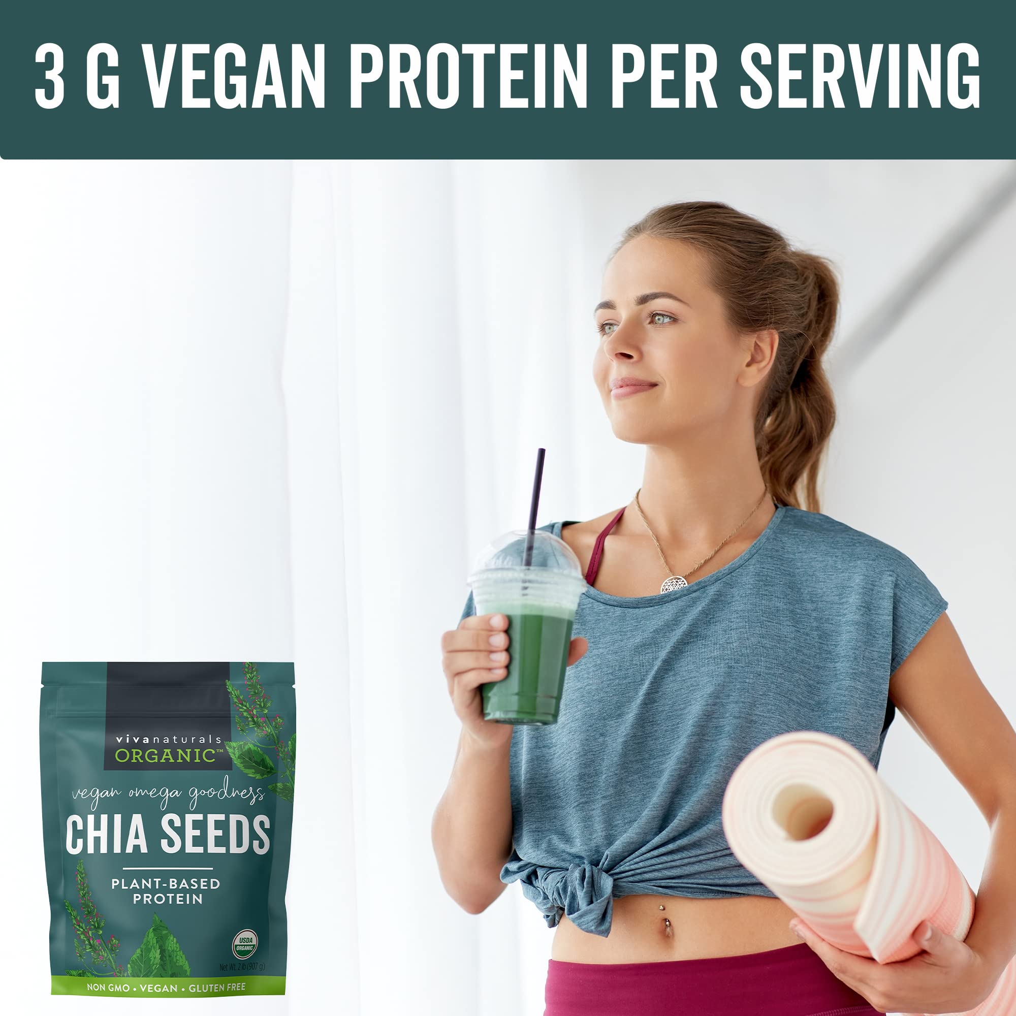 Viva Naturals Organic Chia Seeds 2 LBs - Plant-Based Omega-3 and Vegan Protein, Non-GMO Chia Seeds Organic Perfect for Smoothies, Salads and Chia Seed Pudding, Black Chia Seeds Bulk