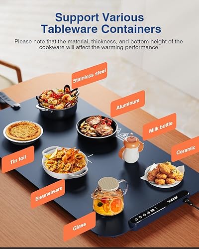 Miniatura 6 de Voriah Tapete de calentamiento para alimentos, bandeja de calentamiento eléctrica grande de 27.5 x 15.7 pulgadas, 7 niveles de temperatura, calor
