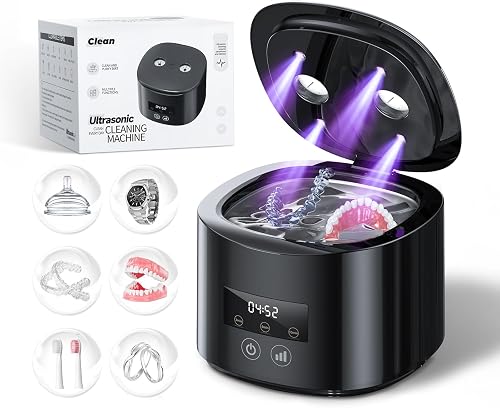 Ultrasonic Retainer Cleaner Machine, 50kHz Dental Cleaning Pod with 4 U-V Lamp f