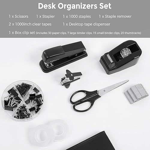 Miniatura 3 de SKYDUE Juego de suministros de oficina negros, accesorios de escritorio negros, grapadora, dispensador de cinta, tijeras, carpeta/clips de papel y