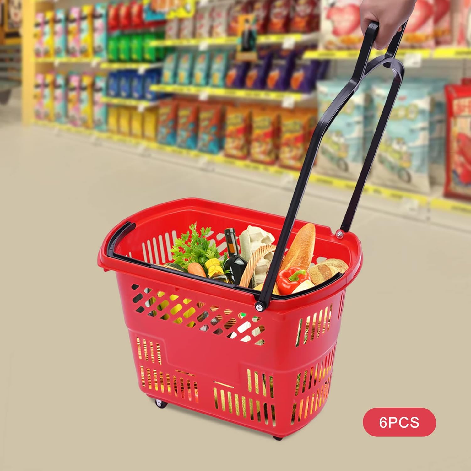 6PCS Plastic Shopping Basket with Handles & Wheels, 35L Rolling Shopping Carts, Grocery Basket with 4 Wheels and Handle, Portable Shopping Basket for Retail Stores, Supermarkets (6PCS - Red) - Image 2