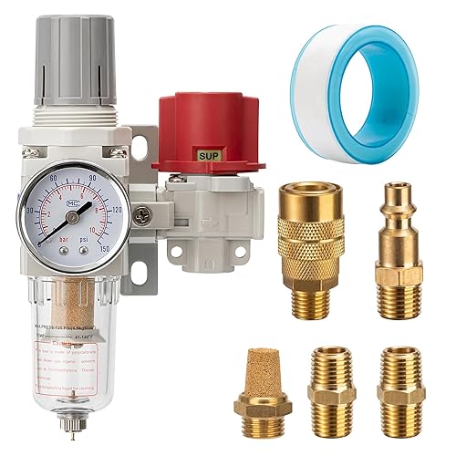 Compresor de aire neumático Filtro Regulador Combo 14" NPT 0-150 PSI,Alivio de presión 3 puertos válvula,Drenaje manual, Elemento de latón de 5