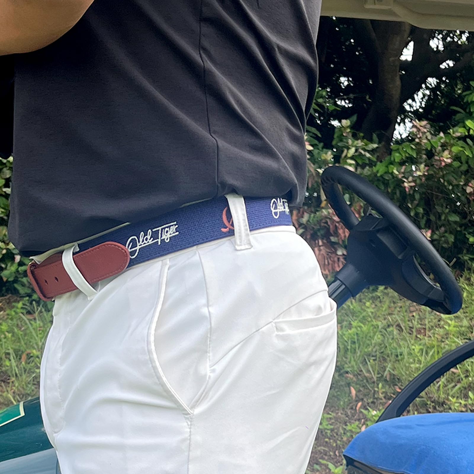 Swig Sip Needlepoint - Cintura da golf da uomo, fibbia piatta in ottone, retro in pelle, non elasticizzata, resistente, design country club