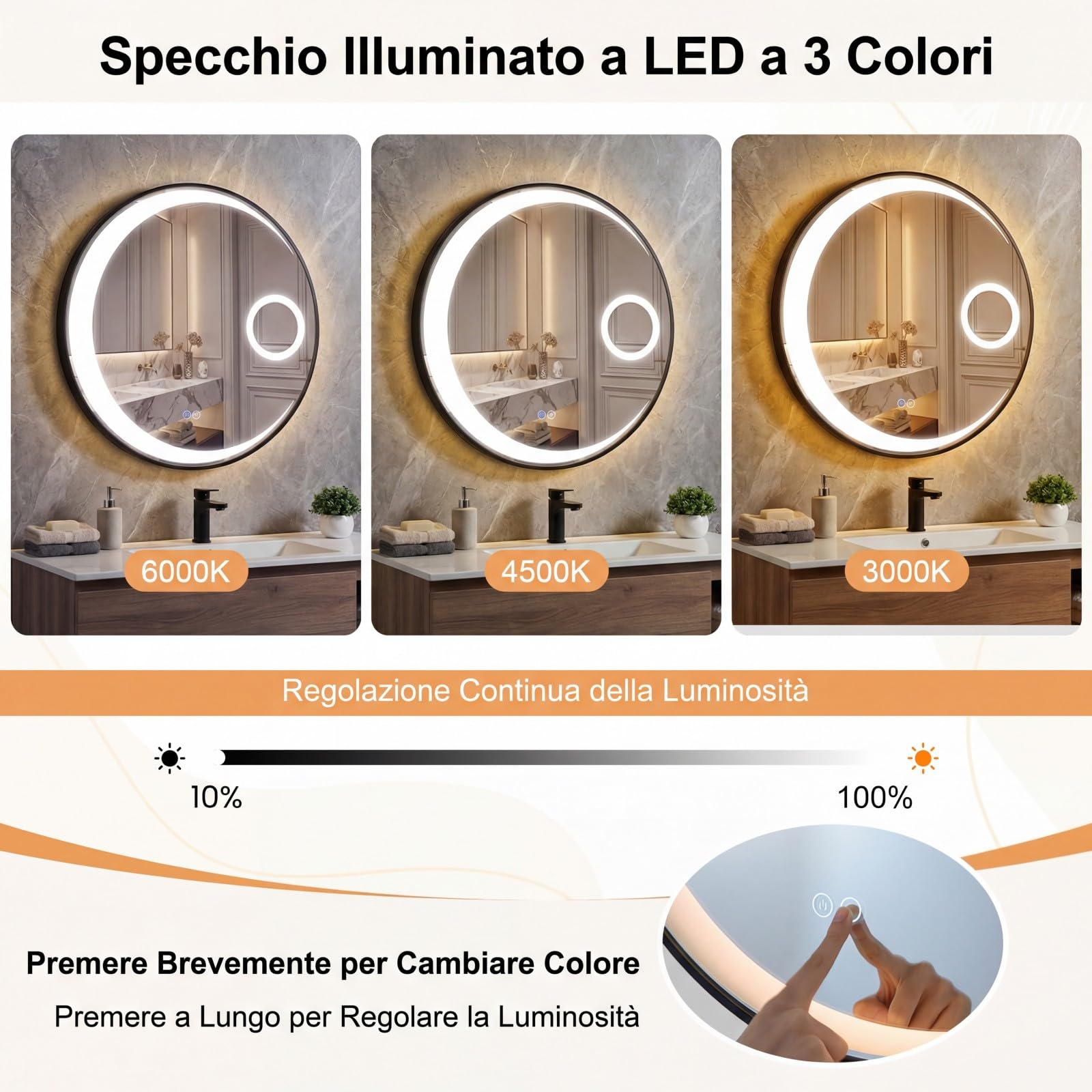 COSTWAY Specchio Bagno con Luce LED da 61 cm, Specchio Rotondo da Parete con Lente d'Ingrandimento 3X, Antiappannamento, 3 Colori Luce, 3000K-6500K, Luminosità Regolabile, IP44