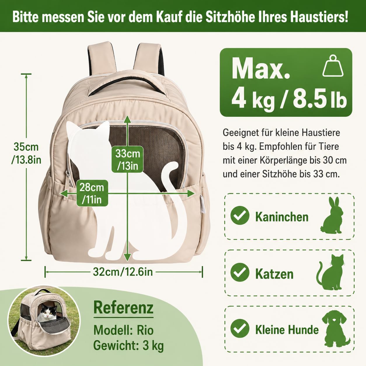 KatzenRucksack HundeRucksack für Kleine Haustiere bis 4 kg - Atmungsaktive & Faltbare Hundetasche, Tragbare und Leichte Katzentasche, mit Netzfenster Haustier Transportboxen (Beige)