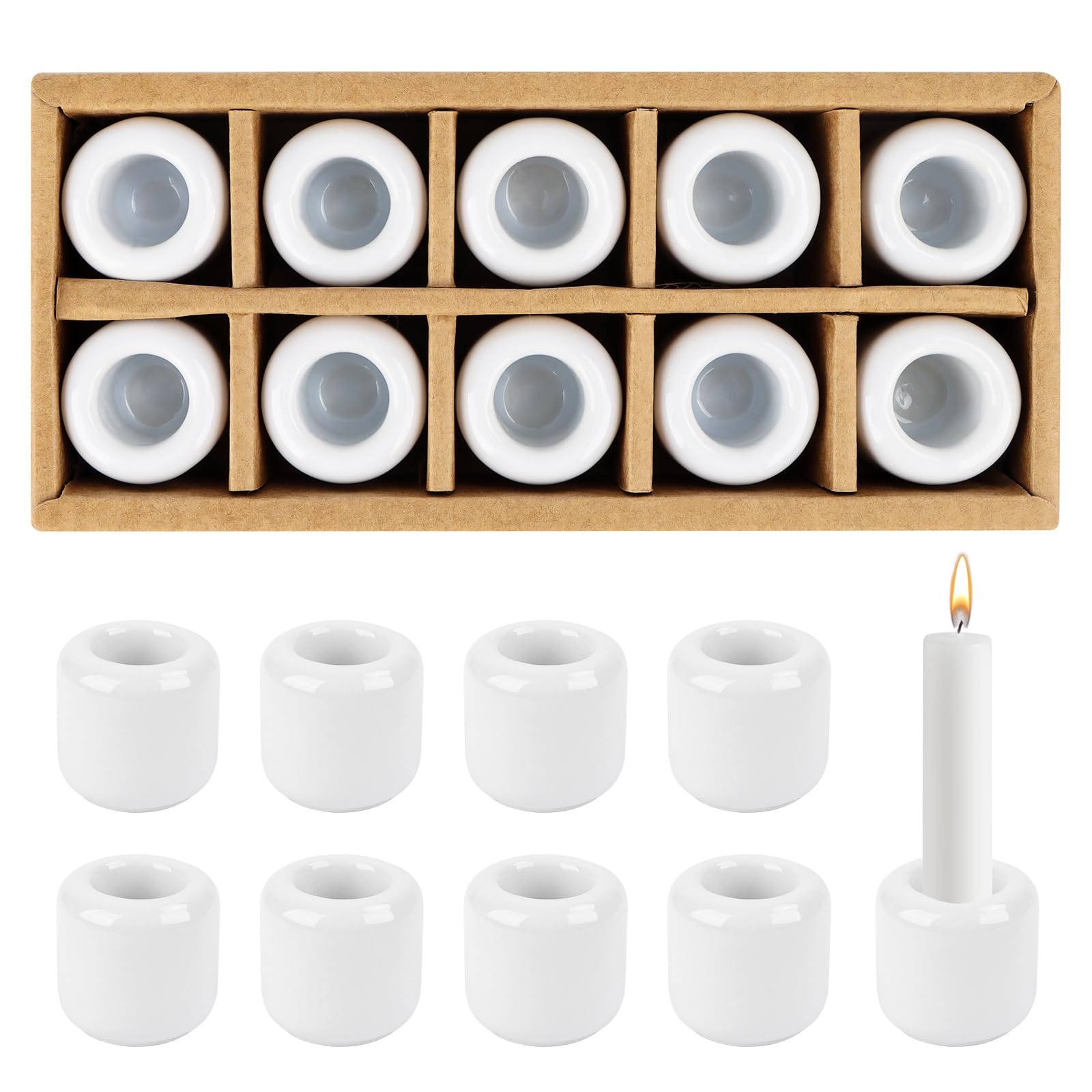 Mini Candle Holder with 1.8 cm Bore, Ceramic Candle Holder, Taper Candles, Pack of 10 Candle Holders, White Ceramic Taper Candle Holder for Altar Ceremonies, Candle Lighting, Interior Decoration