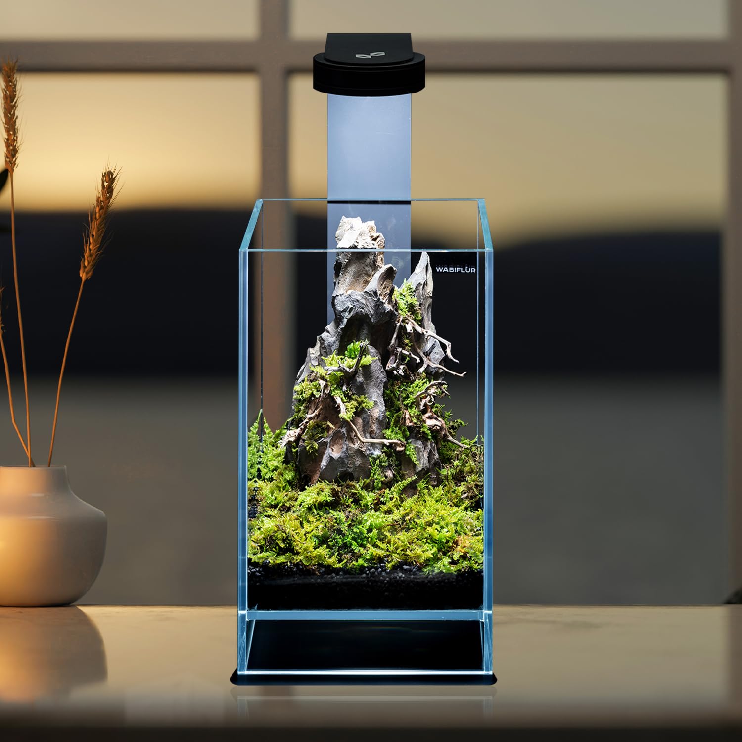 Terrario Terrarium in Vetro Extrachiaro con LED Integrato, Design Elegante per Ecosistemi Naturali e Giardini Acquatici, Dimensioni 15x15x25 h cm