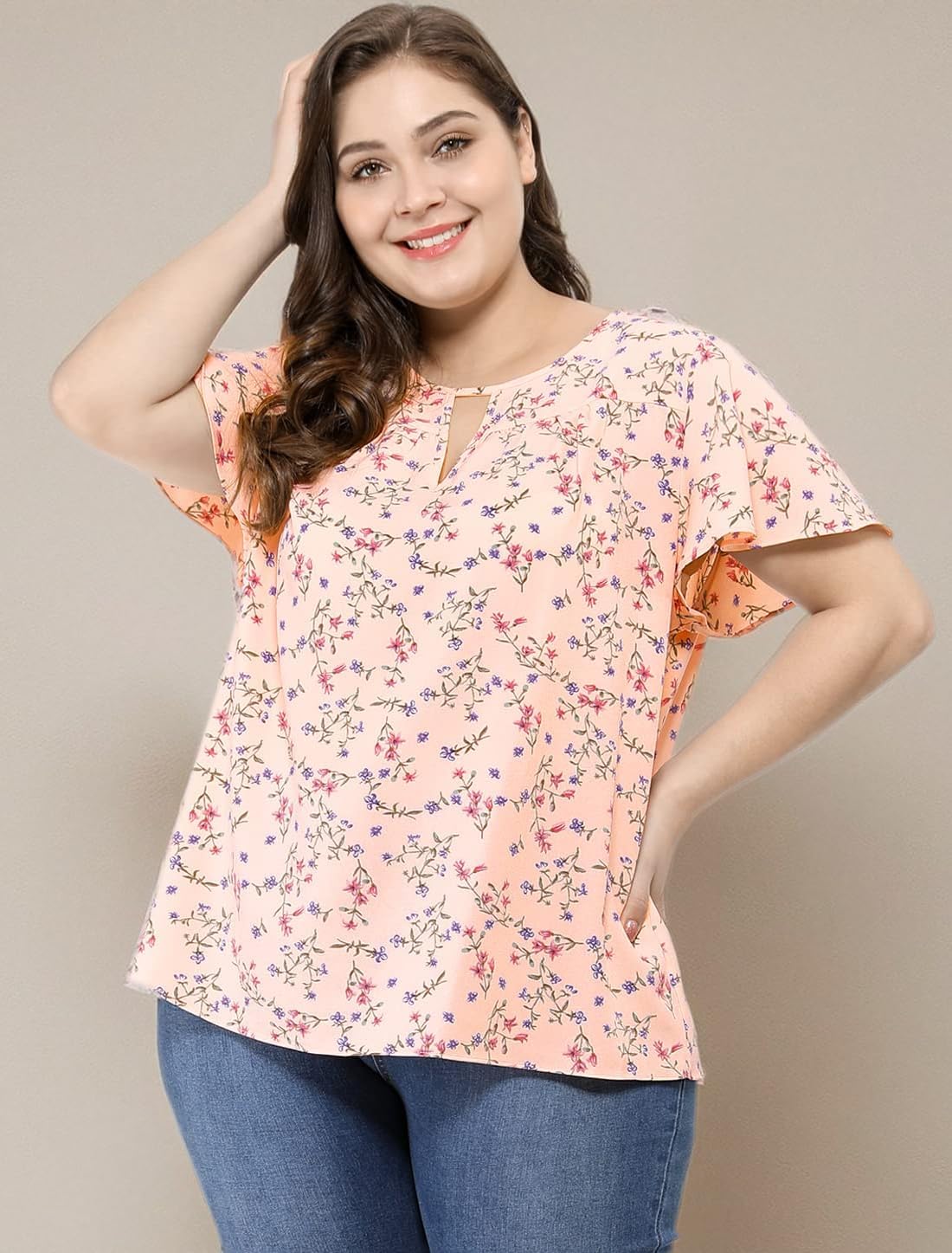 Agnes Orinda Women's Plus Size Blouses Summer Ruffle Short Sleeve Shirts Keyhole Chiffon Tops - Image 7