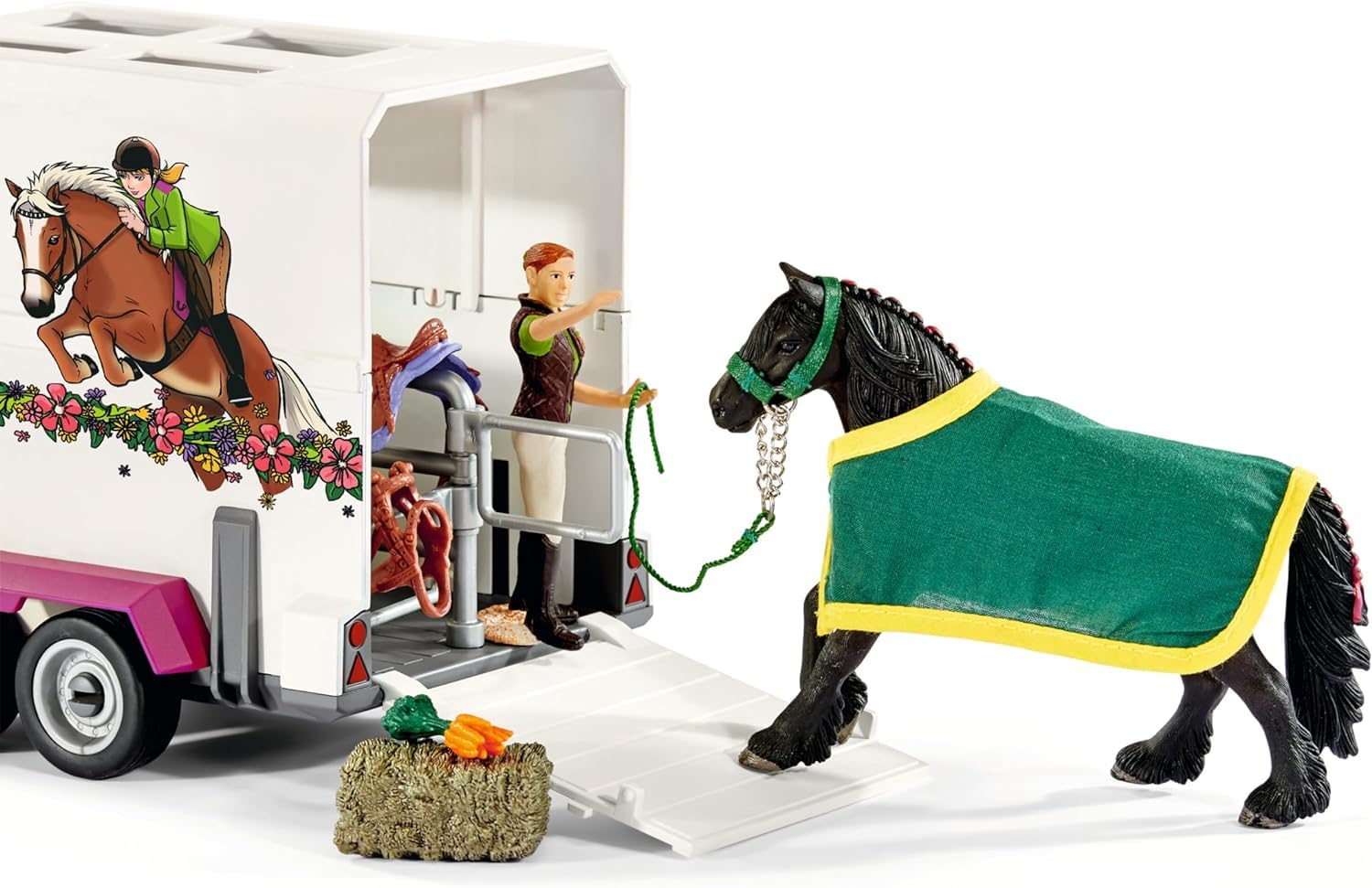 SCHLEICH HORSE CLUB | Pick-up con rimorchio per cavalli 42346 | Set con veicolo, rimorchio, cavallo, 2 personaggi umani e accessori | Giocattolo equestre & regalo per bambini | Set da 38 pezzi