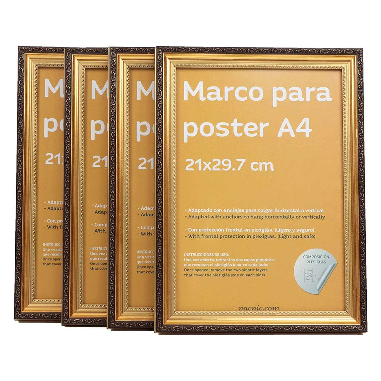 Nacnic - Pack 4 Marcos de Madera MDF Dorado y Vidrio Acrílico | Protección y Expositor de Fotografías, Láminas, Pósters, Cuadros y Decoración para Salón, Dormitorio u Oficina | A4 (21x29,7 cm)