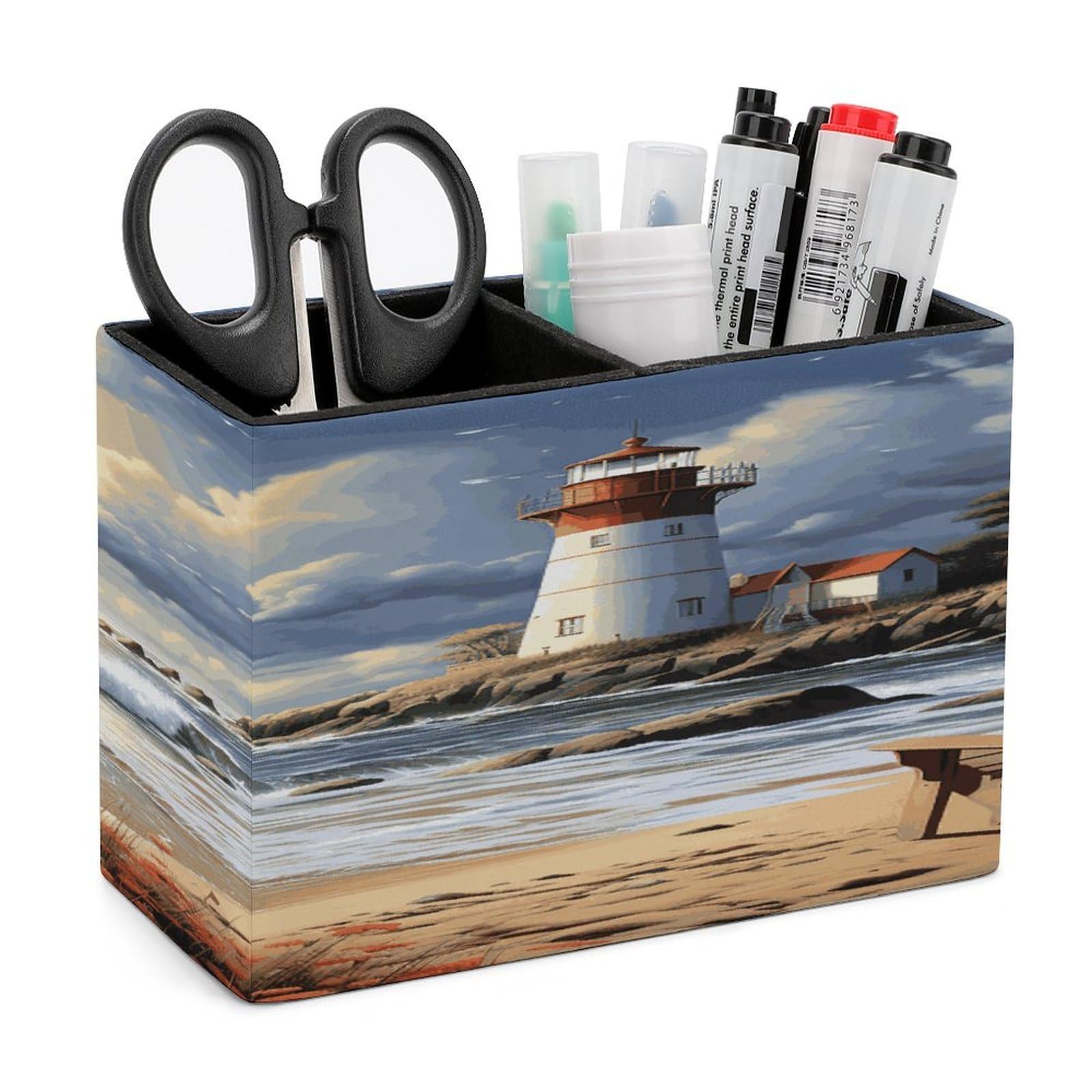 LDGSUPH Sea Lighthouse Sandbeach Leather Pen Holder for Desk Organizer Caddy Large Pencil Cup Multi-function Pencil Holder Makeup Brush Holders Pen Organizer for Home Office Storage Box