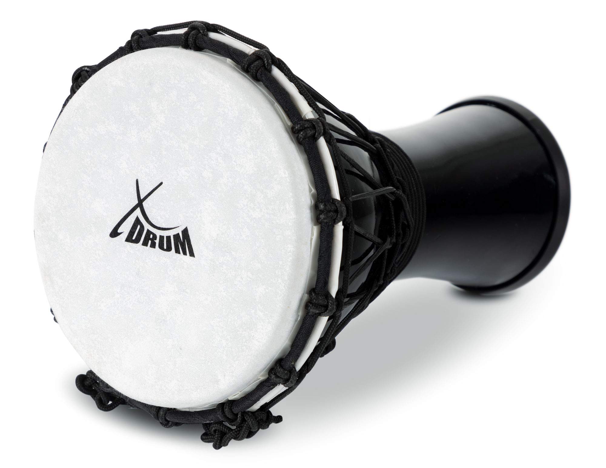 XDrum Djembe 7" negro, Djembe estilo africano, Diámetro: 7" (18 cm) | Altura: 12" (31 cm), Fabricado en PVC, Sistema de afinación con cuerda, Parche de plástico con aspecto natural, Base de goma