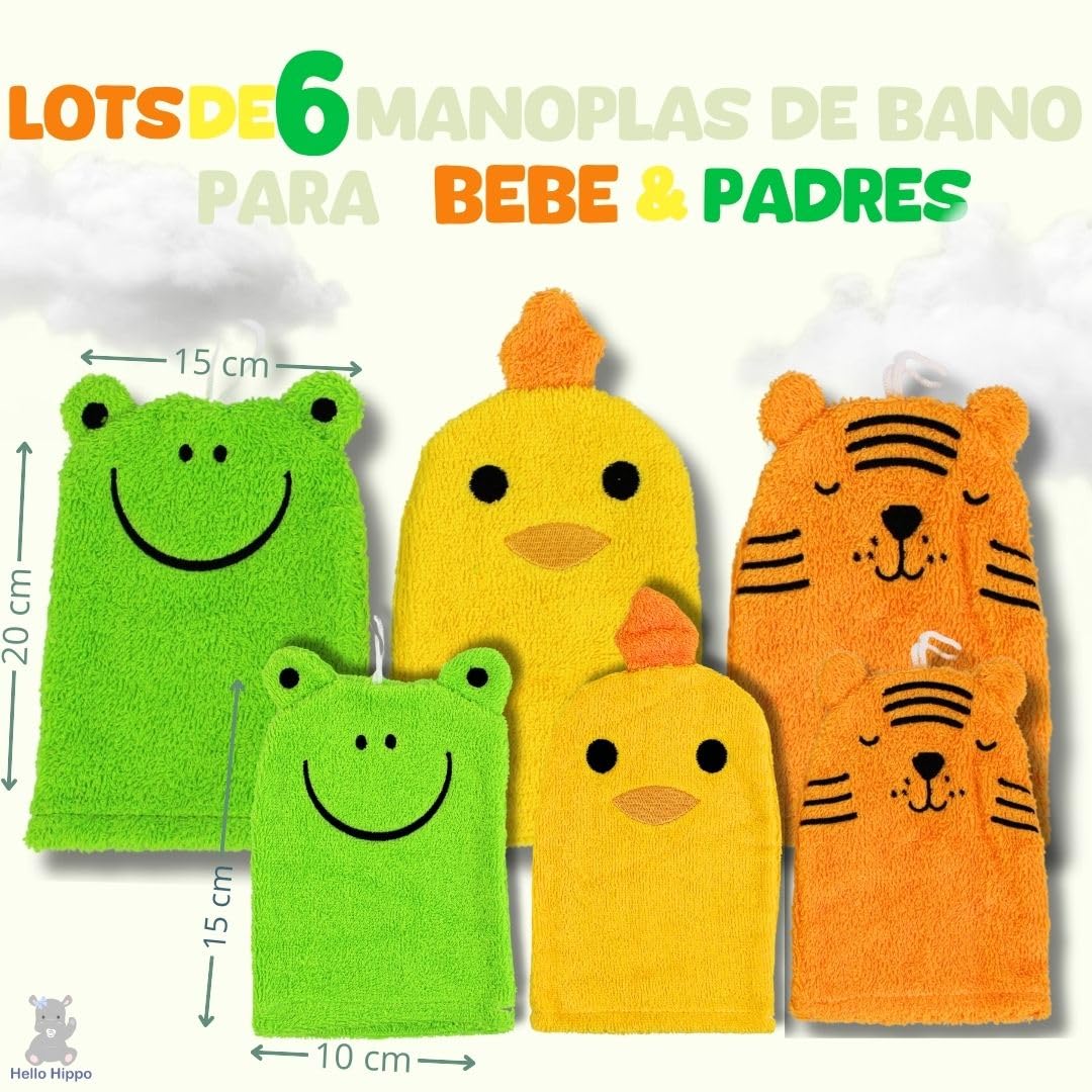 Hello Hippo® Juego de 6 Manoplas de Baño Bebé – 3 para Padres + 3 para Niños – 100% Algodón Suave – Tigre, Pollito y Rana – Esponjas Bebé, Recién Nacido Lavables