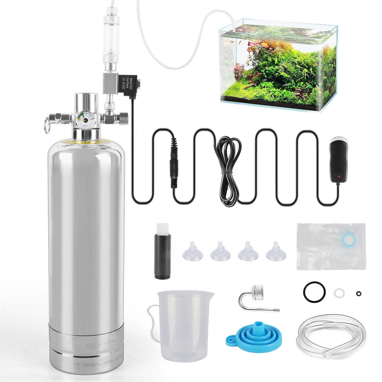 Kit Generador de CO2 para Acuario, Botella 2L Acero Inoxidable con Electroválvula y Contador de Burbujas