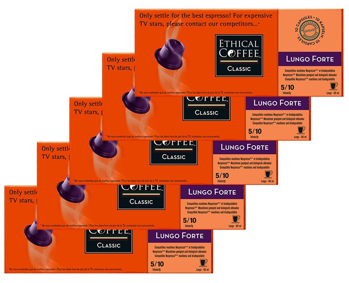 Nespresso Compatible Coffee Capsules by ETHICAL COFFEE- LUNGO FORTE - 50 Capsules - 5/10 Intensity