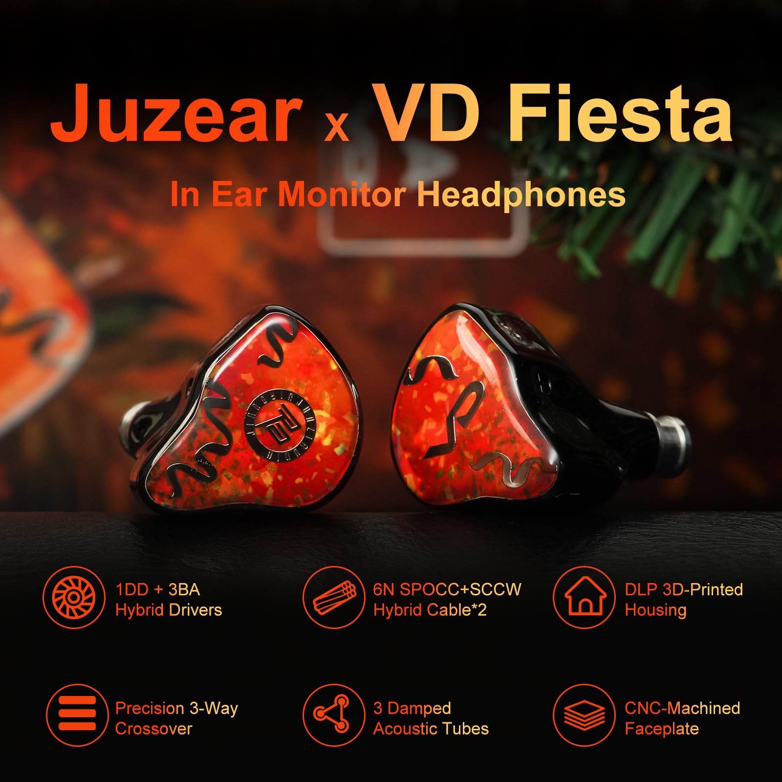 JUZEAR - Auricolari Fiesta IEM, driver ibridi 1DD+3BA con cavo microfono e cavo bilanciato da 4,4 mm inclusi, bassi profondi e voce chiara, auricolari Hi-Fi cablati per musica, giochi, chiamate e