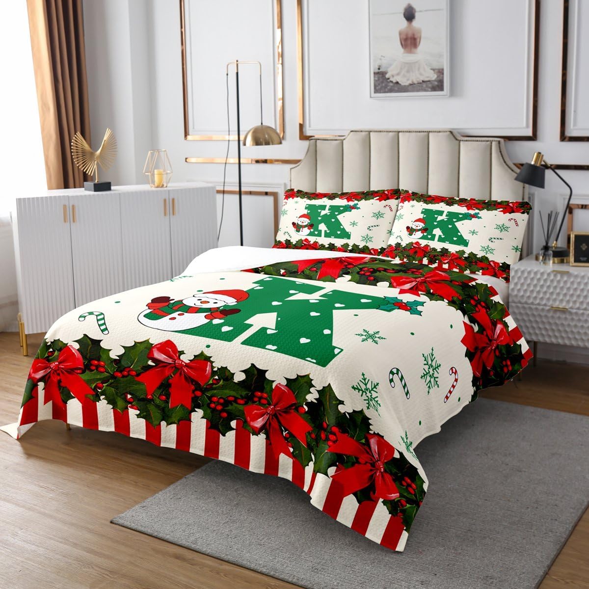 Erosebridal Christmas Bow Letter K Coverlet Set Twin Size | Snowman Holly Love Hearts Bedspread Kids Alphabet Green Red Stripe Snowflake Quilted Coverlet Bowknot Cherry Soft Luxury Quilted