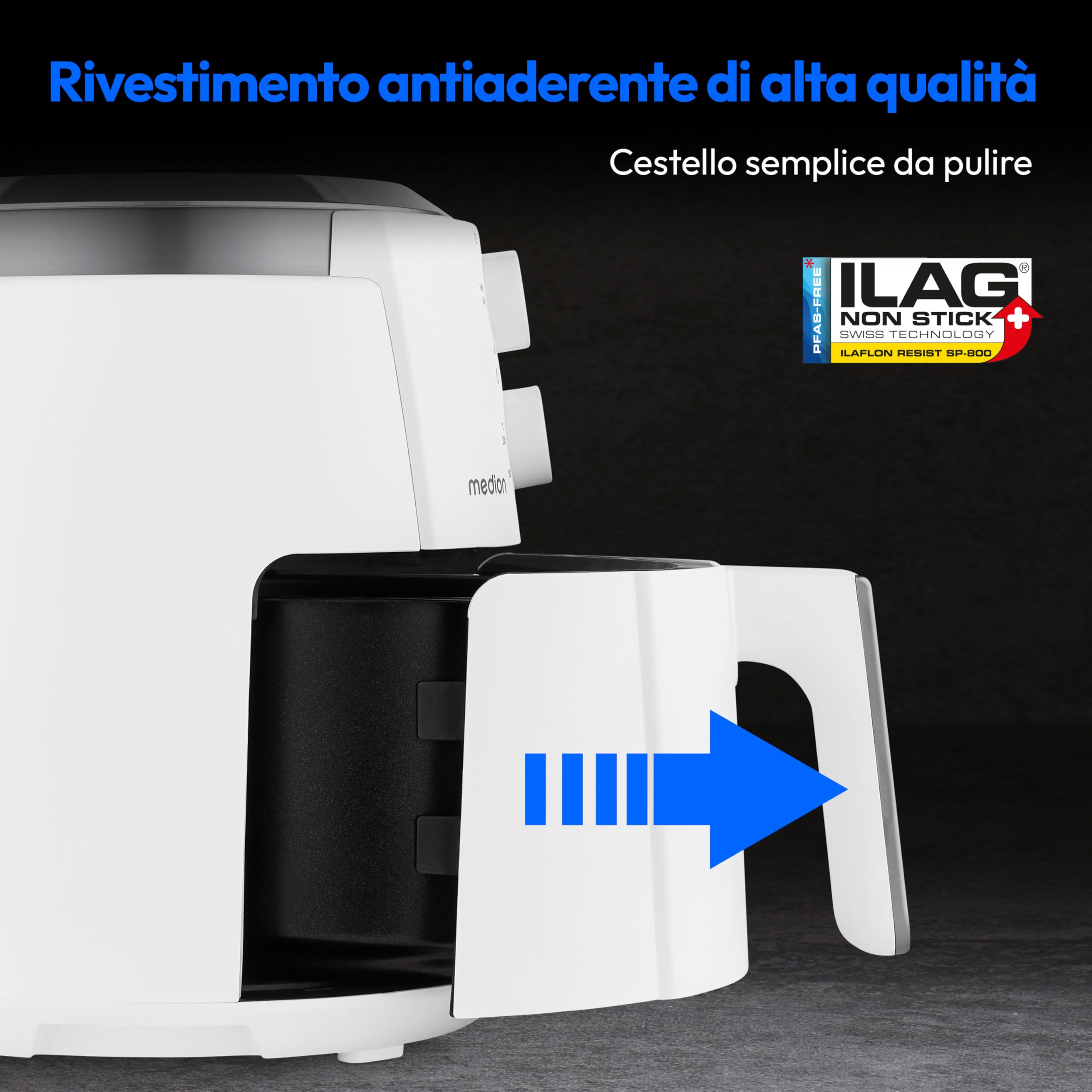 MEDION P30 L Friggitrice ad aria calda (4,7 litri, friggitrice ad aria, 1500 watt, funzionamento semplice, frittura senza olio, timer 60 minuti, fino a 200° C, rivestimento antiaderente, MD13020)