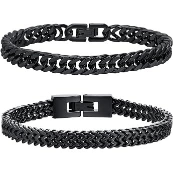 Mens Bracelet Stainless Steel Bracelets Curb Chain   2 Pieces Silver Black Gold Mens Bracelets for Men Boys Cuban Bracelet 8 mm Width 19 cm / 21 cm / 23 cm Length Gifts for Husband Dad Son Brother