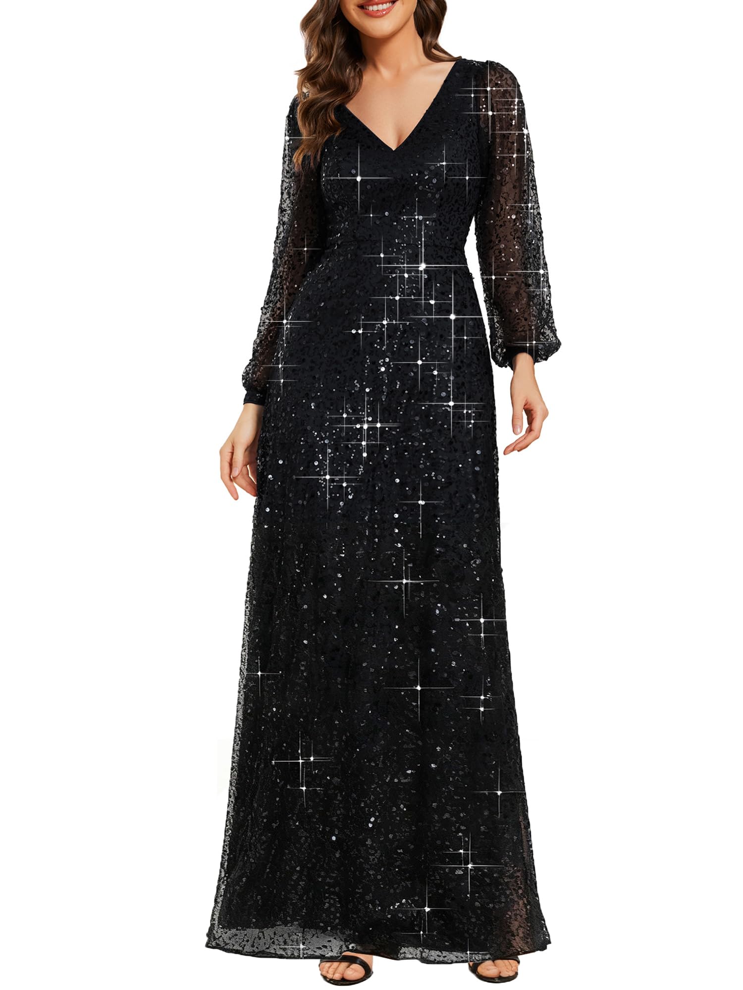 Ever-Pretty Abiti da Sera Donna Elegante Manica Lunga Slim Vita Alta Brillantini Tulle Vestito da Cerimonia Maxi Lungo Abita da Cocktail EE01999