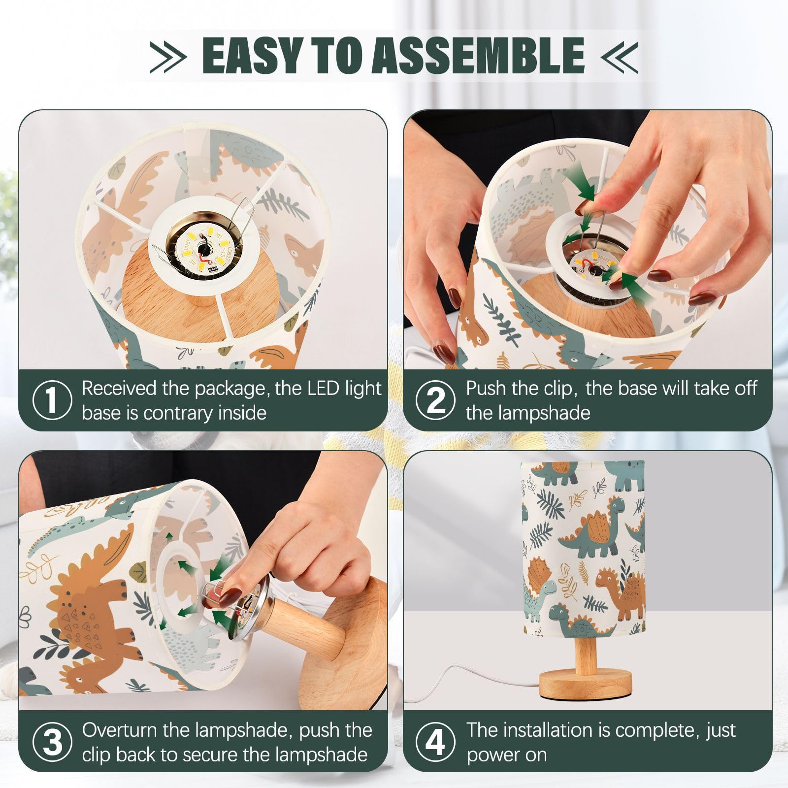 ALAZA Lámpara de mesa de noche con diseño de dinosaurio verde para niñas y niños, con puerto USB, LED, base de madera, decoración de sala de estar