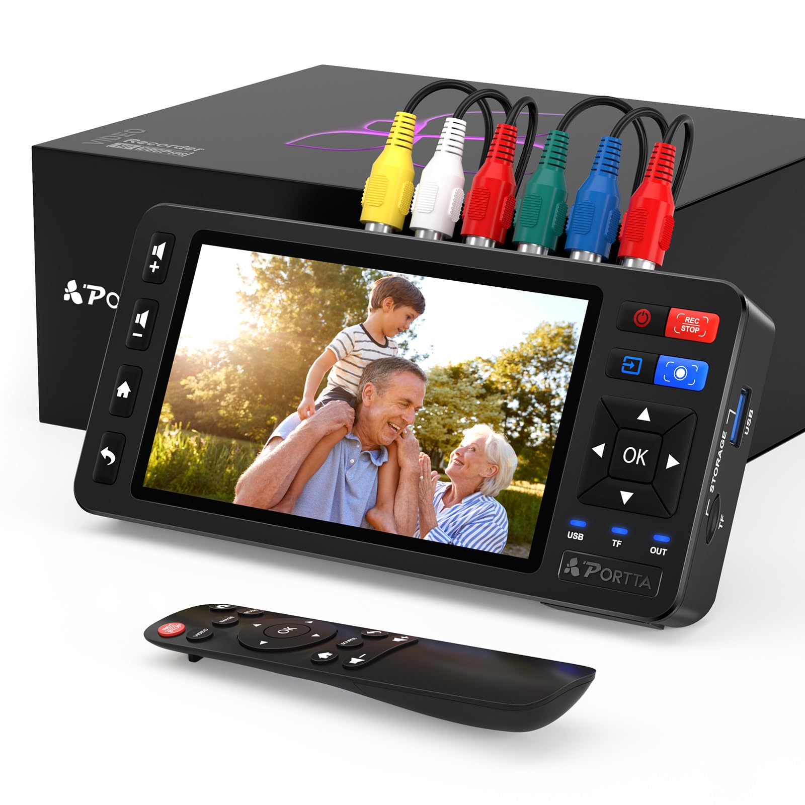 PORTTA Convertitore VHS a digitale con schermo HD da 5", registratore di acquisizione video, converte in MP4 compatibile con VHS, VCR, DVR, DVD, Hi8, videocamere (nastri/lettore DVD non inclusi)