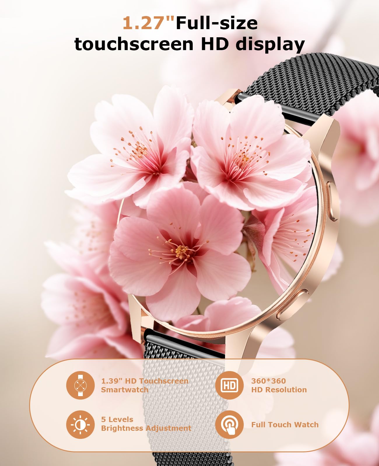 SLOKSFil Montre Connectée Femme, 1.27”HD Écran Entièrement Tactilev Smartwatch avec Appel Bluetooth,24H Fréquence Cardiaque Moniteur Sommeil,100+ Modes Sportifs Compatible pour Android iOS (Or Noir)